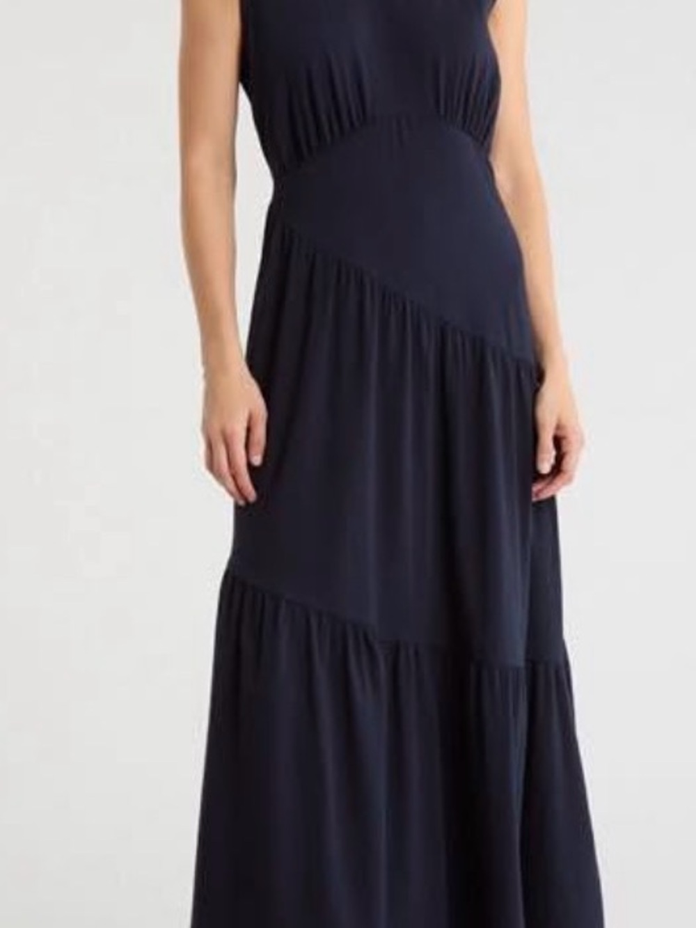 DKNY Sleeveless NAVY-Black Crinkled Gauze Tiered Maxi Dress